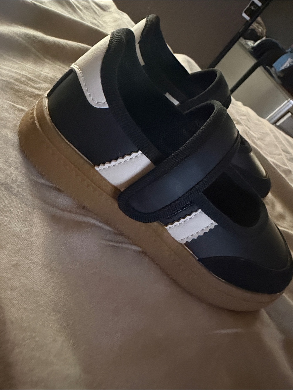 Link Kids Black and White Velcro Sneakers with Gum Sole